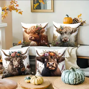 4PCS Ultra - Soft Floral Highland Cow Decorative Cushion Covers | 18×18 Inch square throw pillow cover