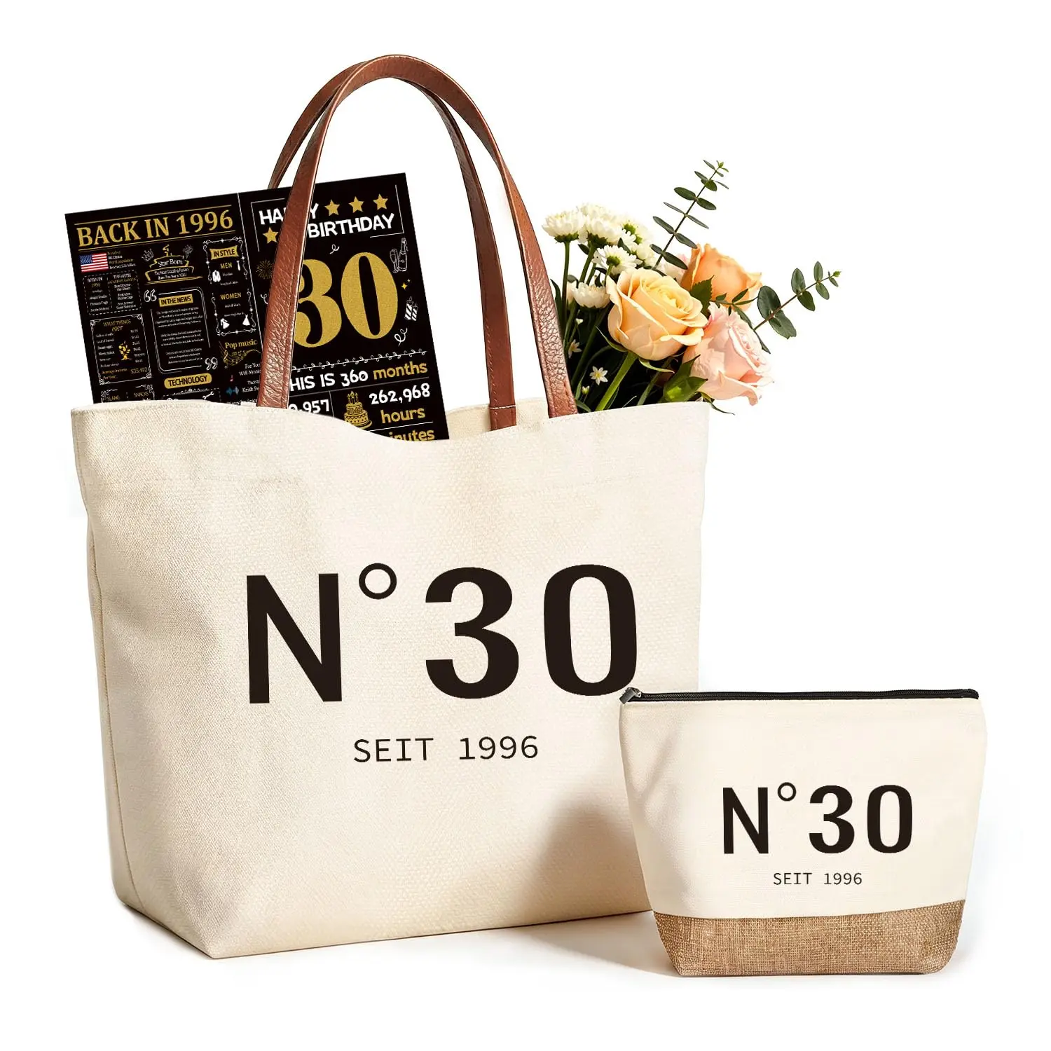 Personalized Canvas Tote Bag with Makeup Bag Set with Leather Handle Birthday Gift Basket for Women Unique Birthday Present Idea for Mom Sister Friend