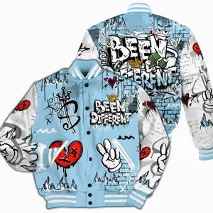 Legend Blue 11s Varsity Jacket, Graffiti Drip All Over Print, Streetwear Style Unisex Baseball Coat, Stylish Sneaker Match Outfit Design