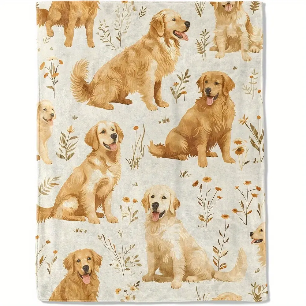 Luxurious Golden Retriever Flannel Throw Blanket - Ultra-Soft, Lightweight, with Charming Floral & Dog Design Ideal for Sofa, Bed, Camping Perfect Gift for Dog Lovers Easy Care, All-Season Comfort, Dog Blanket-280GSM