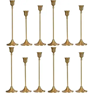 Brass Gold Rustproof Taper Candlestick Holders for Holiday Party Table Centerpiece Wedding Fireplace Mantel Housewarming Gift 4 Sets (12 Pcs)
