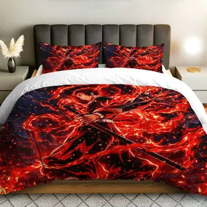 3PCS Duvet Cover Set, 1 Duvet+2 Pillowcases(Without filler), Fiery Samurai Anime Warrior Sword Fire theme, Halloween bedding set, Red and Black Vibrant Suitable for decoration Bedroom Living Room Guest Room Dormitory.