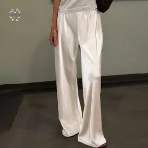 Women Y2K Satin Wide Leg Pants Casual Elastic High Waist Solid Loose Fit Lounge Pants Office Ladies Work Trousers Elegant Fashion Soft Fabric Bohemian Style Bottom Womenswear