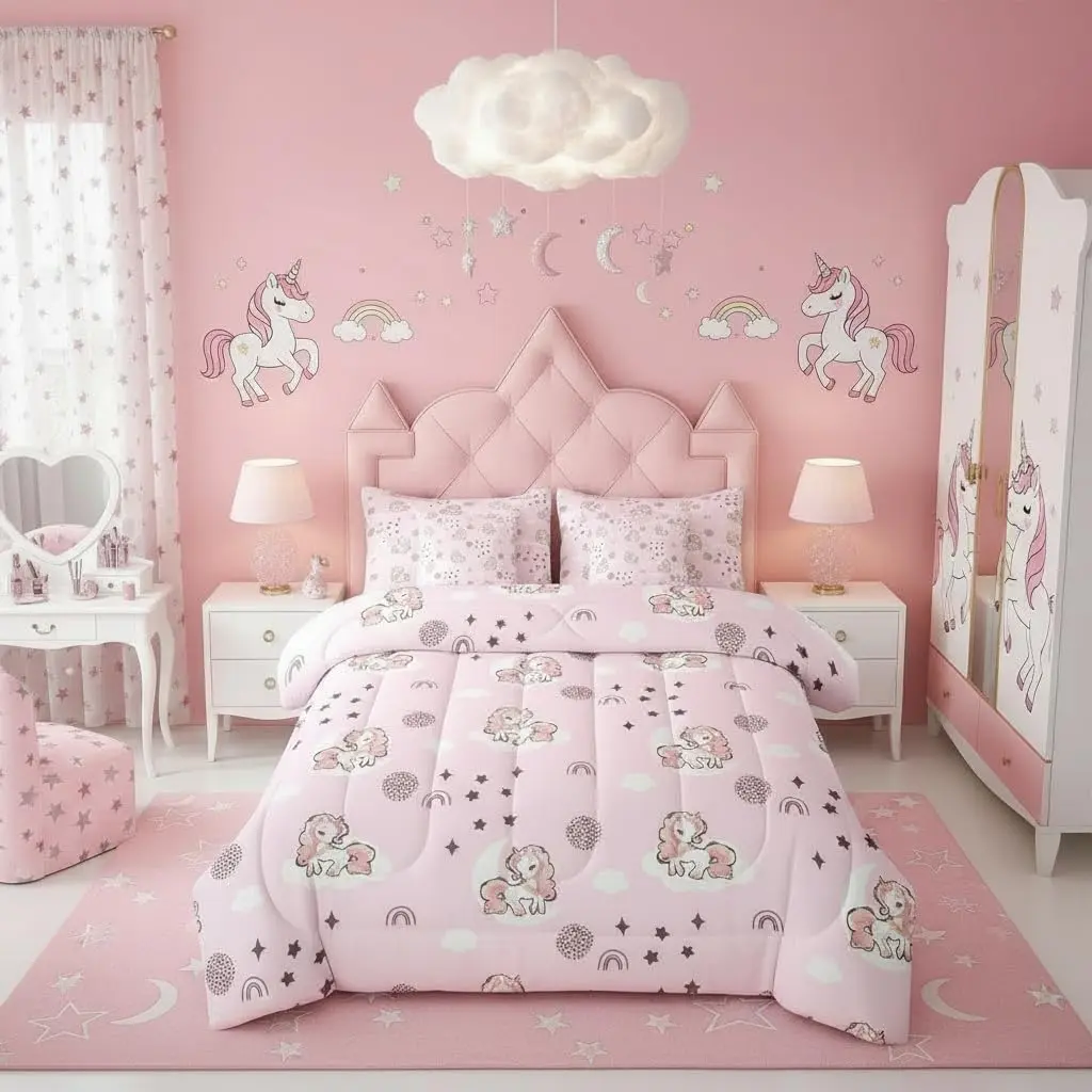 Pink Unicorn Comforter Set 7 Pieces,Cartoon Rainbow Bed in A Bag,Galaxy Stars Fantasy Bedding Set with Comforters,Sheets,Pillowcases Wild Animals Bedroom Decor