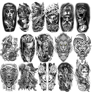16 Sheets Black Arm Temporary Tattoos For Men Adults Thigh, Nun Girl Skull Skeleton Zeus God Jesus Christ Fake Sleeve Tattoos For Women, Scary Halloween Tattoo Stickers Demon Vampire