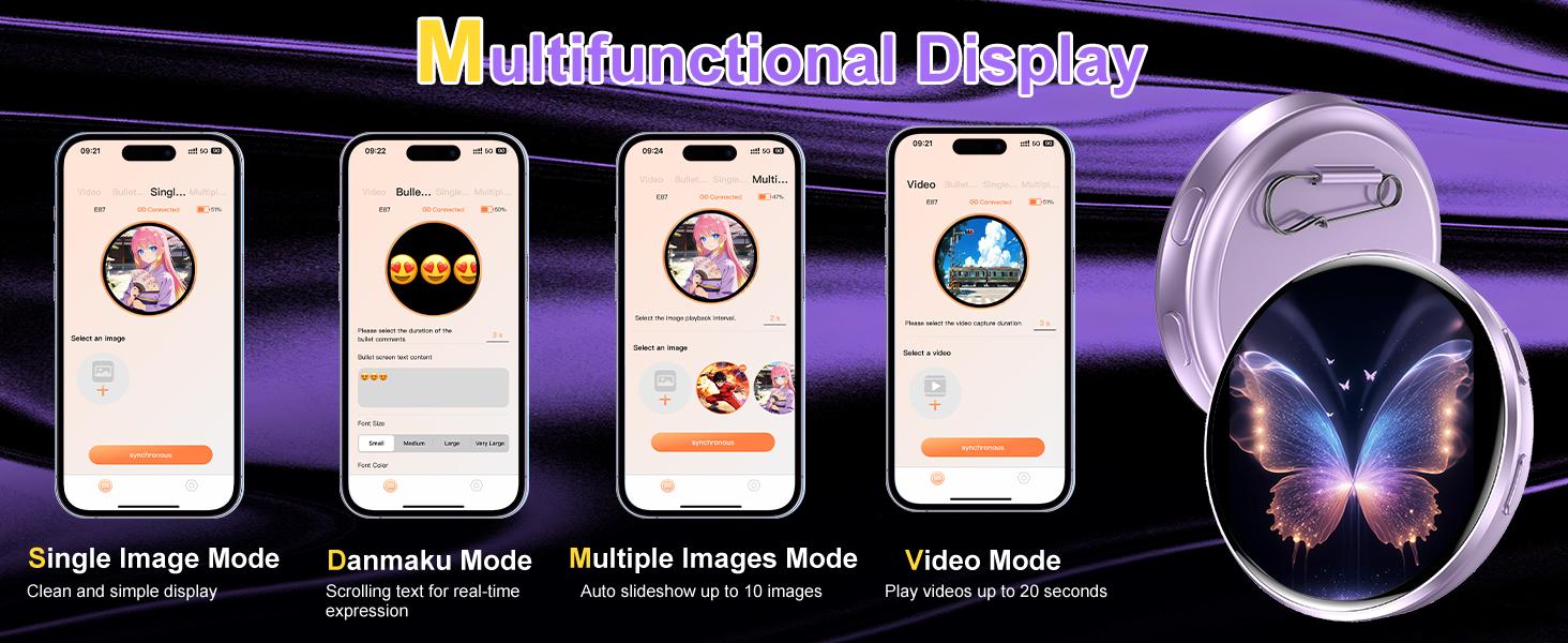 Electronic Anime Pin with HD Touchscreen - DigitalPhoto Pixel Display, Rechargeable WirelessBluetooth LED Name BadgeCustom KawaiiBadge for Backpacks and Conventions ,PixelsDigital Sign for Restaurant Shop Exhibition Nightclub Hotel