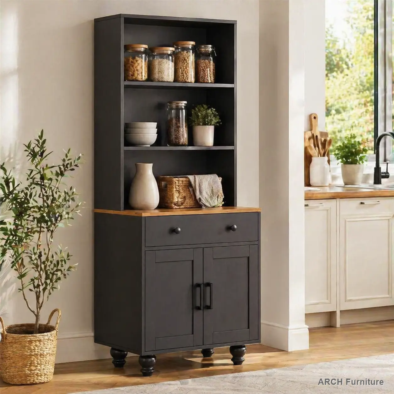 ARCH Vintage Rustic Farmhouse Wood Sideboard with Storage - 5-Tier Classic Cabinet, 4 Solid Gourd Legs, Adjustable Multi-Compartment Veneer Particle Board Shelves, Drawer, Anti-Tip Kit, Sturdy Base, Ideal for Kitchen Pantry, Living Room