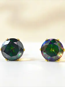 1pair 2.0 Carat Stainless Steel Six-Prong Crown Colorful Green Round Synthetic Moissanite Stud Earrings, Classic Elegance Perfect As A Gift for Birthdays or Any Special Occasion
