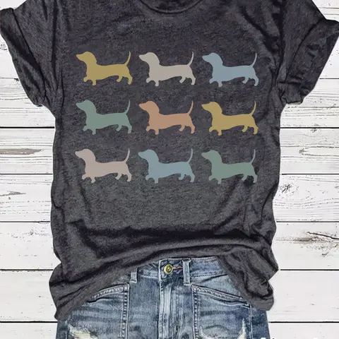 Women's Vintage Sausage Dog Print Casual Summer Top, Round Neck Short Sleeve Fitted T-Shirt, Casual Summer Tee, Comfortable Breathable Fit, Sizes S-Xxl, Lady, Womenswear, Casual Tops