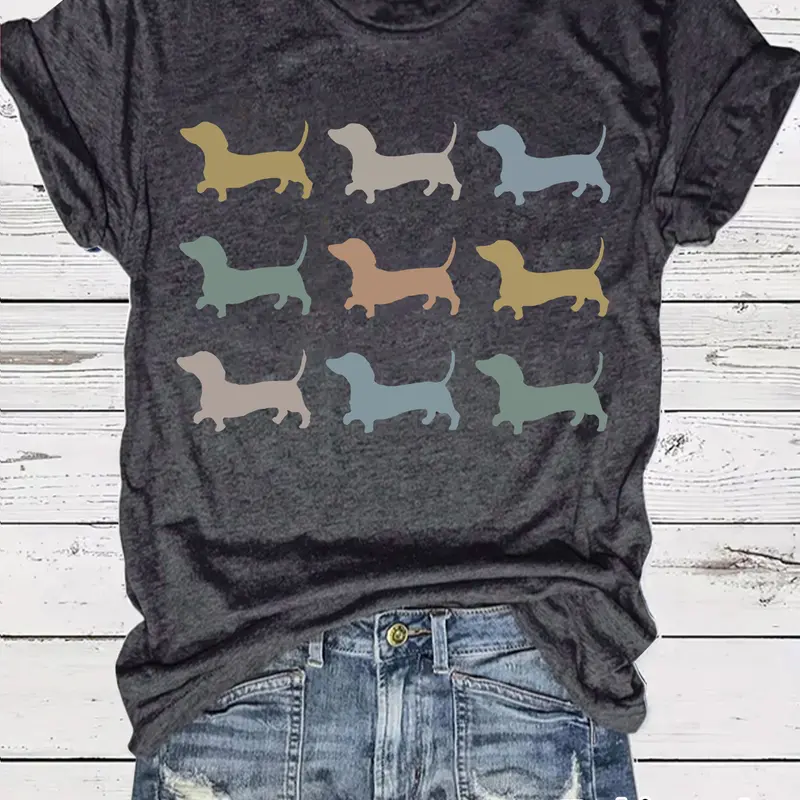 Women's Vintage Sausage Dog Print Casual Summer Top, Round Neck Short Sleeve Fitted T-Shirt, Casual Summer Tee, Comfortable Breathable Fit, Sizes S-Xxl, Lady, Womenswear, Casual Tops