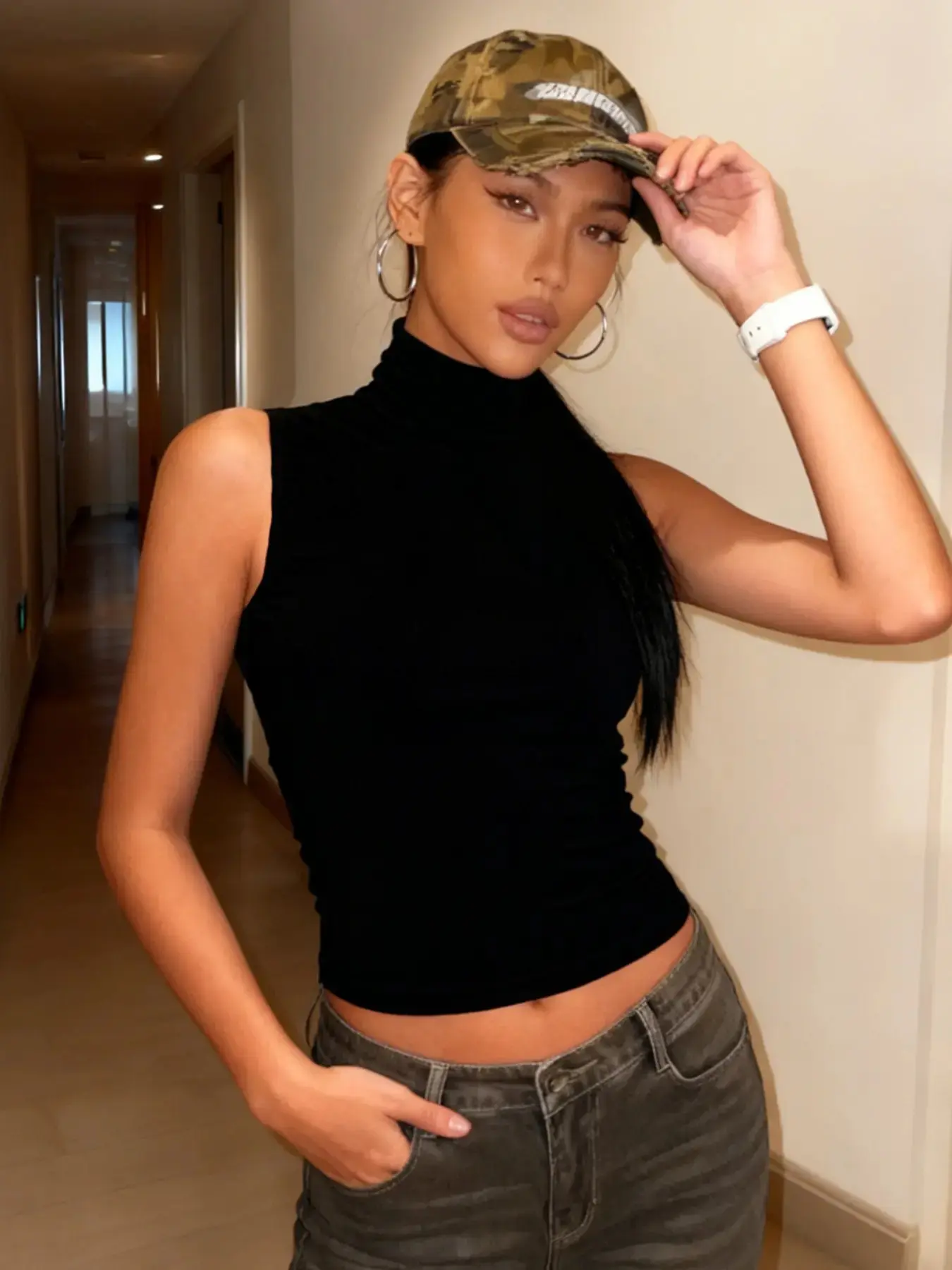 Women Solid High Neck Turtleneck Cut Out Backless Tank Top Sexy Plain Sleeveless Hollow Slim Fit Crop Top Y2K Party Club Date Holiday Beach Vacation Daily Casual Shirt Camisole For Ladies Summer Fashion Clothes Wear