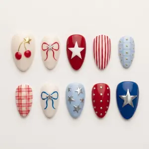 4th July Press On Nails, Patriotic Red White Blue Cherry Summer Fake Nails