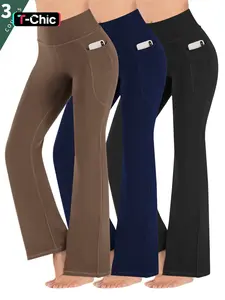 3pcs Women's High-Waisted Yoga Pants with Pockets, Stretchy High Waist, Flared Yoga Bottoms, Sporty Tight-Fit Design, All-Season Comfortable Fabric, Perfect for Fitness & Gym Wear, High Rise Leggings
