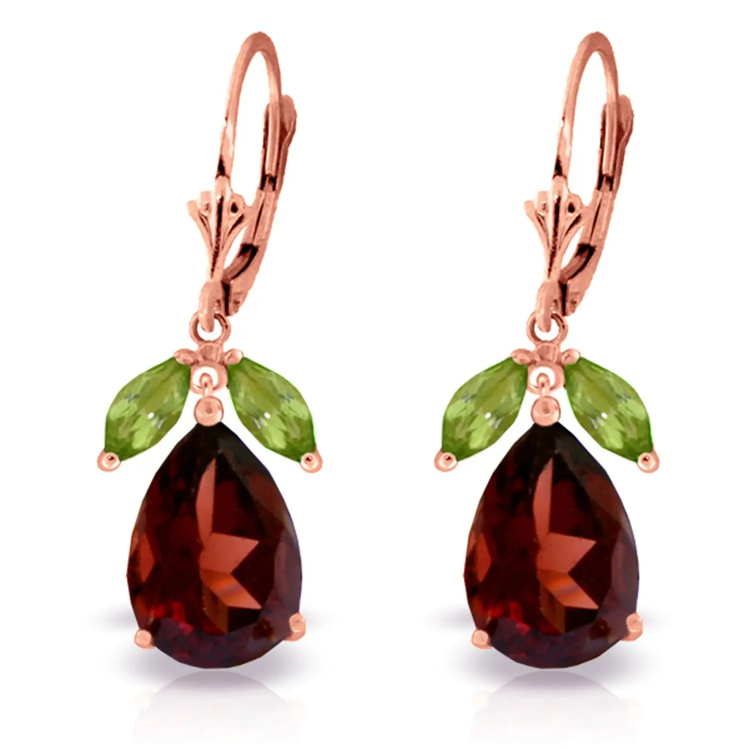 14k Rose Gold Leverback Earrings with Peridots and Garnets