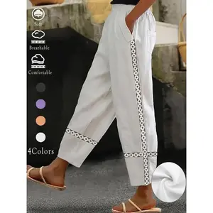 Women's Floral Lace Embroidery Straight Leg Pants, Boho Casual Comfy Trousers for Daily Wear Holiday Vacation, Ladies Bottoms for Spring & Fall, Bohemian Trousers