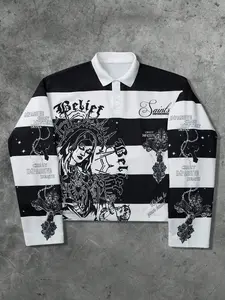 Men's Belief Religious Graphic Print Striped Polo Shirt, Gothic Long Sleeve Top, Soft Fabric Loose Fit, Streetwear Casual Style