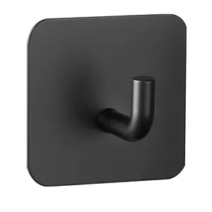 Adhesive Hooks, 4 Pack Self-Adhesive Towel Coat Hooks, Heavy-Duty Wall Hook Hold 15 lbs (Max), Stainless Steel Sticky Hanger, for Bathroom, Kitchen, Hanging Towel, Coat Keys (Matte Black)