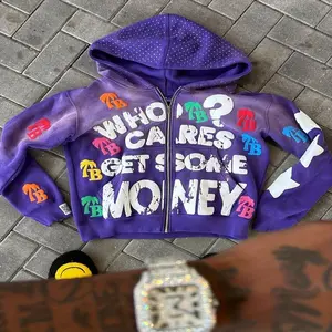 Unisexoversizedzipperhoodie-Whocaresaboutgettingsomemoney?PatternprintwithcolorfulTBletterpatchesY2Kstreetstylehip-hopsportswearmen'sandwomen'slongsleevedcasualjacketautumnandwinterfashionjacketstreetfash
