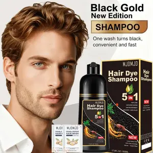 Black Hair & Beard Dye Shampoo Set – 5-in-1 Ginseng & Argan Oil Hair Color Shampoo with 2 Hair Masks, Semi-Permanent Gray Coverage for Men & Women, Safe for Hair & Beard, Colors in 10 Minutes, Ammonia-Free, 500ml