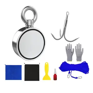 Double-Sided Rare Earth Neodymium Magnet Fishing Kit, 500lbs Pull Strength, 2.36" D60 Size, 65ft Rope, Magnet Fishing Hooks, Gloves, Carabiner Gear Attachment for Lake, Beach