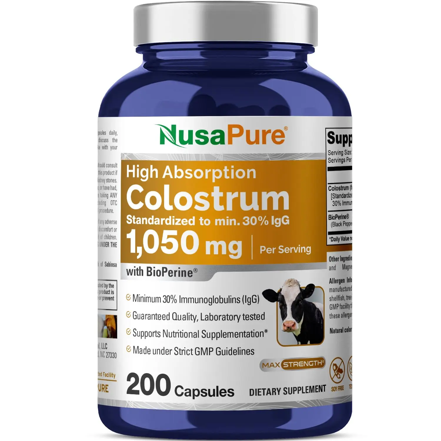 NusaPure Colostrum Dietary Supplement 1050mg, 30% IgG, 200 Capsules - Non-GMO, Soy-Free, Bioperine - Fitness, Immune & Nutrition Vitamins Support