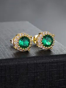 ICED CHICS round hip-hop green stud earrings, street casual style, couple's style, suitable for both men and women, fashionable and simple, copper inlaid zircon material stable and non-allergenic, Hypoallergenic CZ Earrings