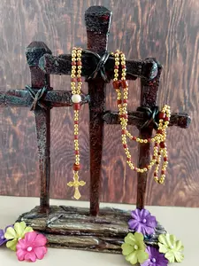 Catholic Rosary, Victoria, Cross Necklace, Prayer Beads, Gold and Brown Beaded Necklace