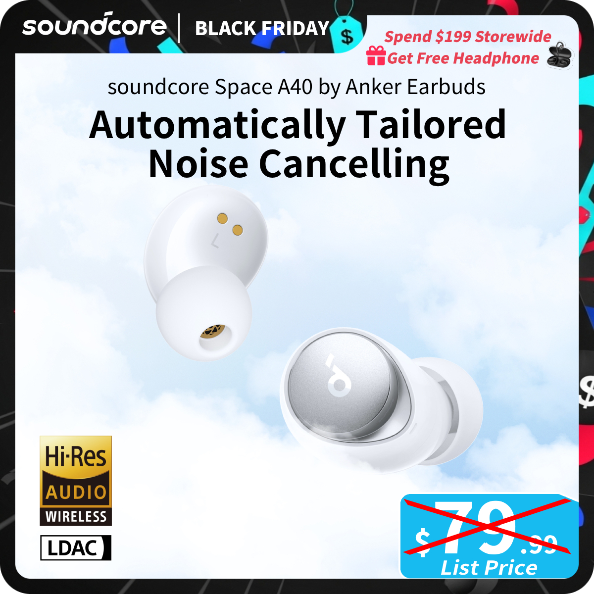 [TikTokShopBlackFriday] soundcore by Anker Space A40 Auto-Adjustable Active Noise Cancelling Wireless Earbuds, Reduce Noise by Up to 98%, 50H Playtime