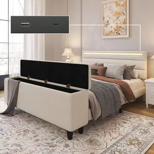 Upholstered Panel Storage Bed With Bed End Storage Cabinet, LED Light, Charging Station, No Box Spring Needed