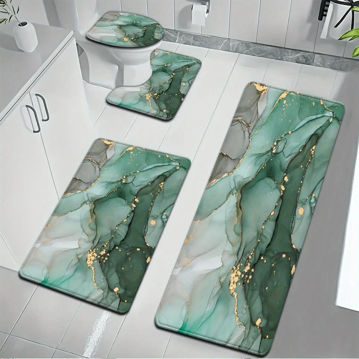 4-Piece Bathroom Mat Set, Green Marble Patterned Bathroom Mat Set—Comfortable U-Shaped Toilet Mat, Toilet Seat Cover, and Bathroom Decor