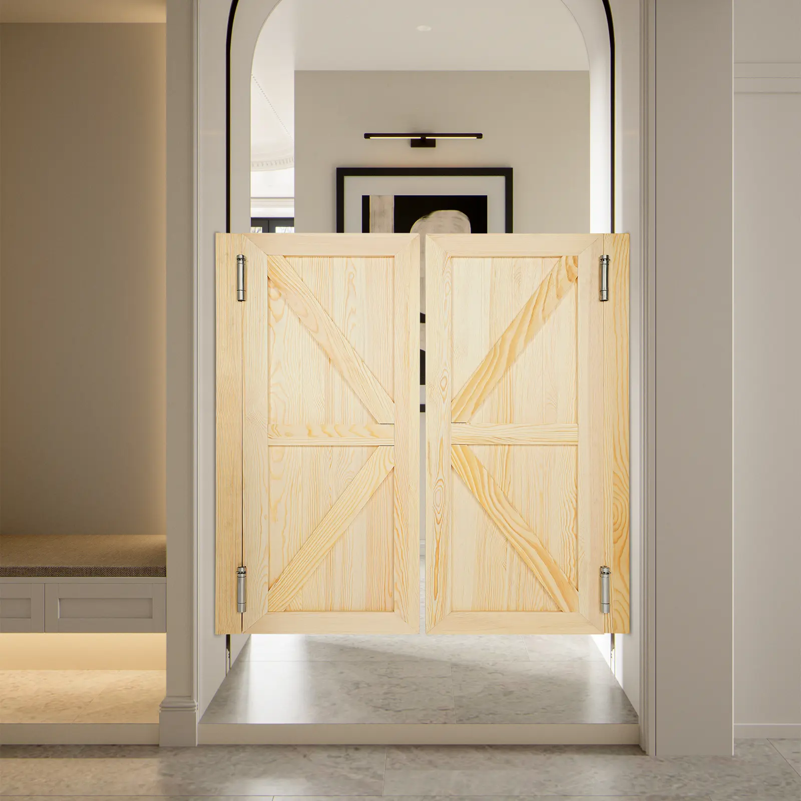 CNCEST 2-Panel Classic Wooden Swinging Door - Log Color, 35mm Thick Polished Panels, 180° Bi-Directional Hinges, Auto-Close Functionality, 90*40cm, for Restaurants, Kitchens, Home Improvement Doors