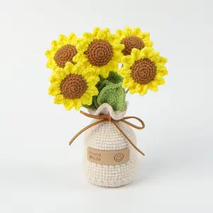 Handmade Crochet Sunflower Decoration Vase with 'Keep Smiling' Label Bright Yellow and Brown Sunflowers 6.7inch cm High Perfect for Home Office or as a Gift Crochet Flower Modern Design Style flores amarillas room decorations lilies flowers