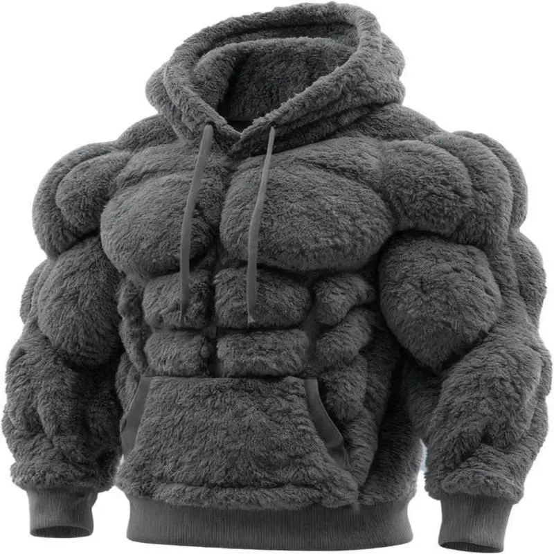 2026 New Men's Muscle Pullover Hoodie - Vintage Flannel Long-Sleeve Casual Sweatshirt, 2D Muscle Print, Warm Texture Fuzzy Fabric Streetwear Top
