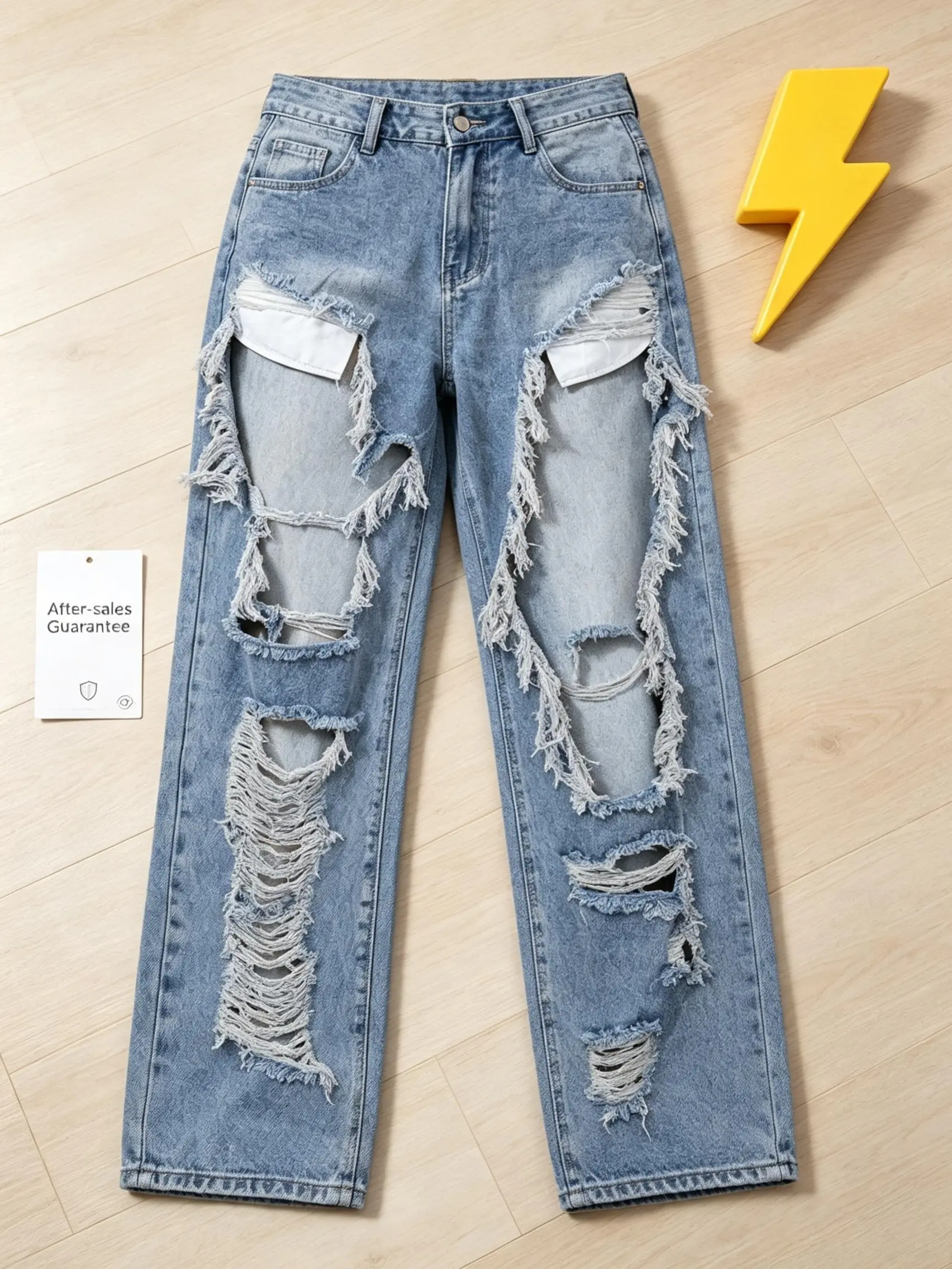 Women’s High-Rise Light Blue Wide-Leg Denim Jeans - Ultra Frayed, Big Ripped, Distressed, Loose Full-Length Pants for Shopping, Concert Outings