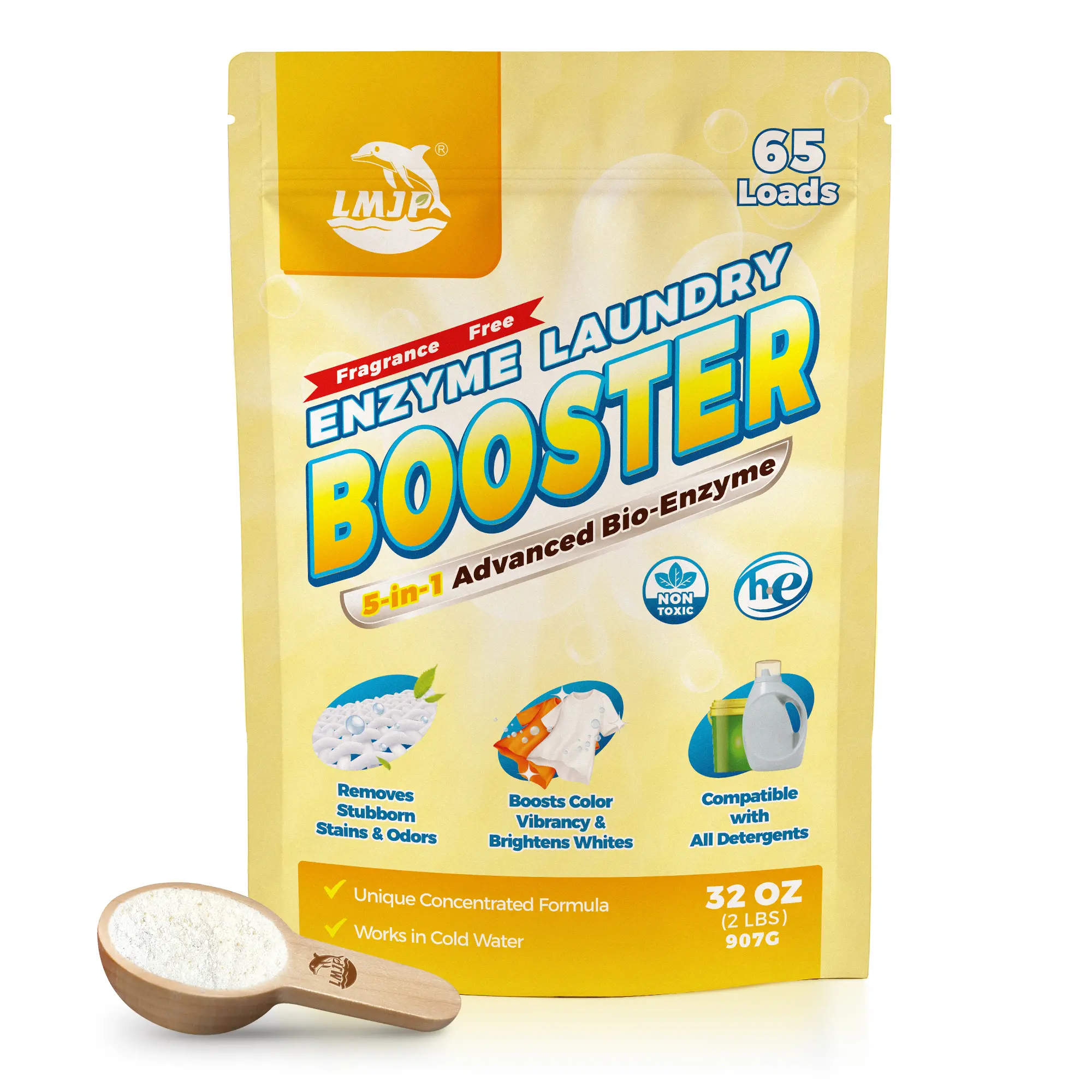 LMJP Bio Enzyme Laundry Booster Powder, Natural Odor & Set-in Stain Remover, White Brightener, Ultra-Concentrated Oxygen Booster, Plastic-Free, Fragrance-Free, Compatible with HE & Standard Washers, 65 Loads