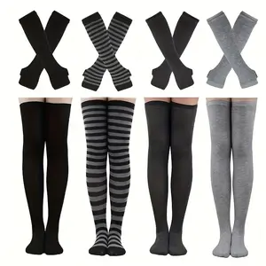A Set of Women'S Striped Knee-High Socks, Featuring Knitted Sleeves And Fingerless Gloves, Perfect for Vacation And Party Outfits.
