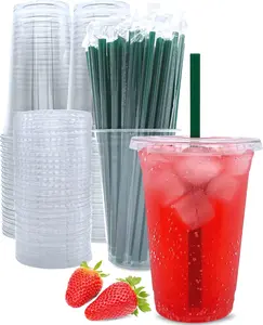 20 oz Clear Plastic Cups with Lids and Straws, Disposable Coffee Cups 25 Sets Pack Drink