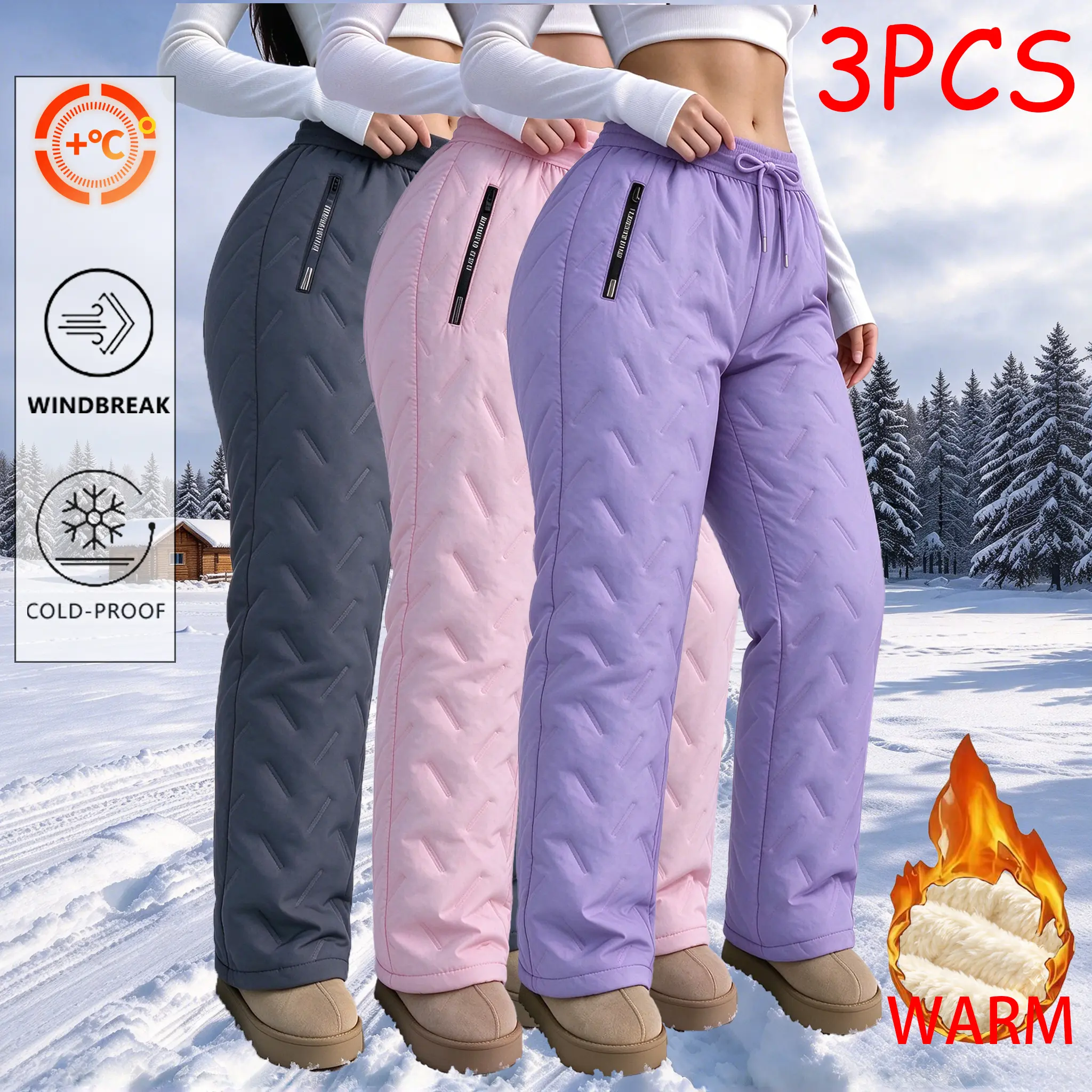 Women's 3-Pack Multi-Color Fleece-Lined High-Waisted Wide-Leg Snow Pants, Autumn/Winter Warm Windproof Waterproof Cold-Resistant Below-Freezing Outdoor Drawstring Pants