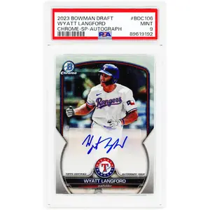 Wyatt Langford Texas Rangers Autographed 2023 Bowman Draft Chrome SP Photo Variation #BDC-106 #52/99 PSA Authenticated 9 Card - Fanatics Authentic Certified