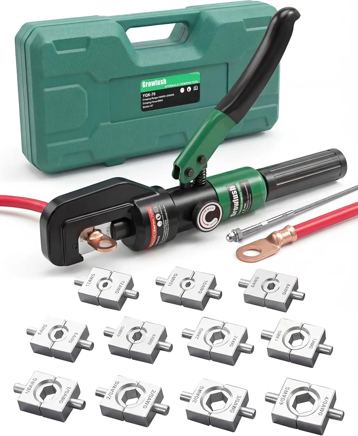 Hydraulic Cable Crimping Tool, Battery Cable Terminal Crimper 12 AWG–4/0 AWG, US Standard AWG Dies, 10-Ton Hydraulic Copper Cable Lugs Crimper for US Standard Cable 12 ga-4/0 ga