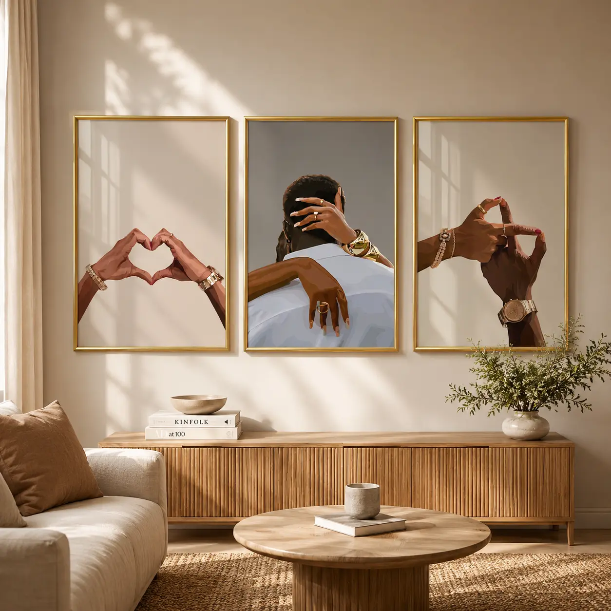 Black Love Wall Art Set of 3, Modern Couple Hands Poster, Romantic African American Print