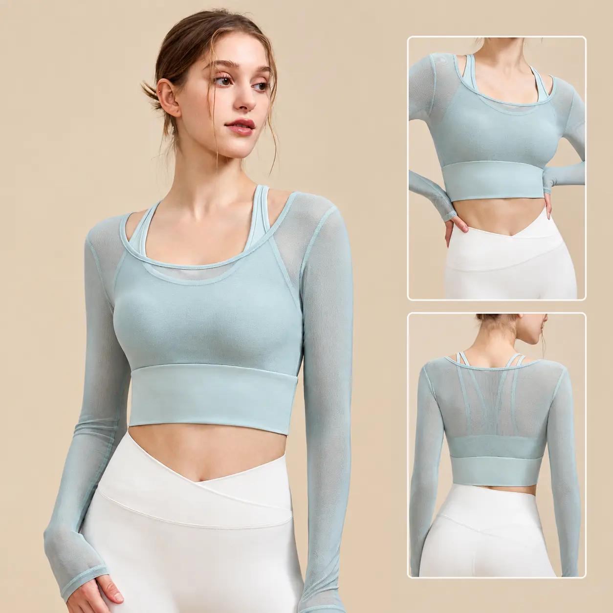 Women’s mesh long-sleeve yoga top, 2-in-1 built-in padded sports bra, double-strap backless workout crop top for gym training
