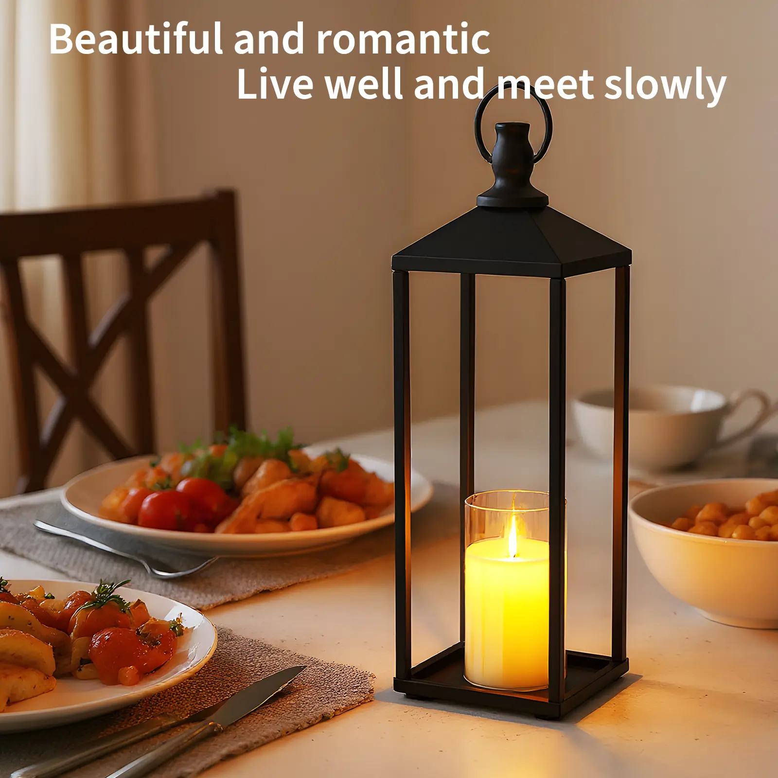 2-Piece Decorative Metal Candle Lantern Set with Flickering LED Flameless Candles, Vintage Black Hanging Lanterns for Outdoor Patio, Front Porch, Wedding & Indoor Decor