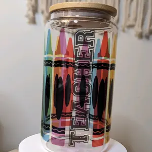 Teacher Crayon Sublimated Design 16oz  beer can glass with Bamboo Lid and  Reusable Straw Drink Drinkware Beverage Stylish