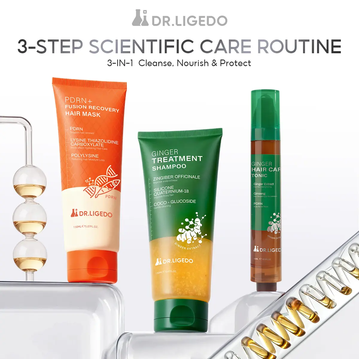 Dr.Ligedo Hair Mask 1pcs & Hair Care Serum 1pcs & Ginger & Ginseng Shampoo 1pcs | Helps soothe scalp, reduce oiliness, and leave hair smooth. Suitable for all.