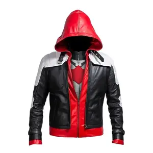 Red Hood Jacket Men's Arkham Jason Todd Bat Logo Black Costume Biker Faux Leather by Hide Crafts