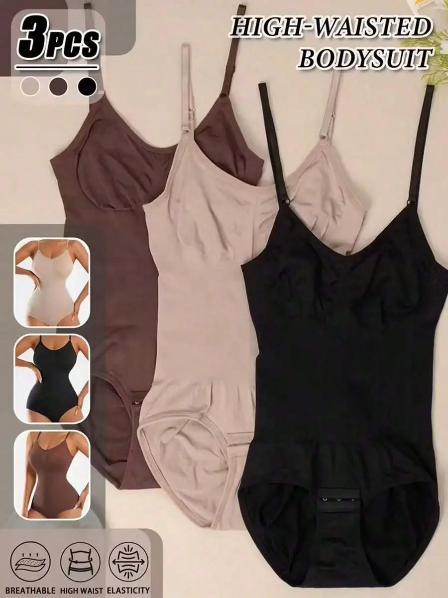 Women's 3-Pcs Multicolor Bodysuit Shapewear Set - Seamless Thong, Thick Straps, Waist Cincher with Tummy Control, Scoop Neck, Comfortable Nylon-Cotton Fabric, for Office Use, 3Pcs Multicolor