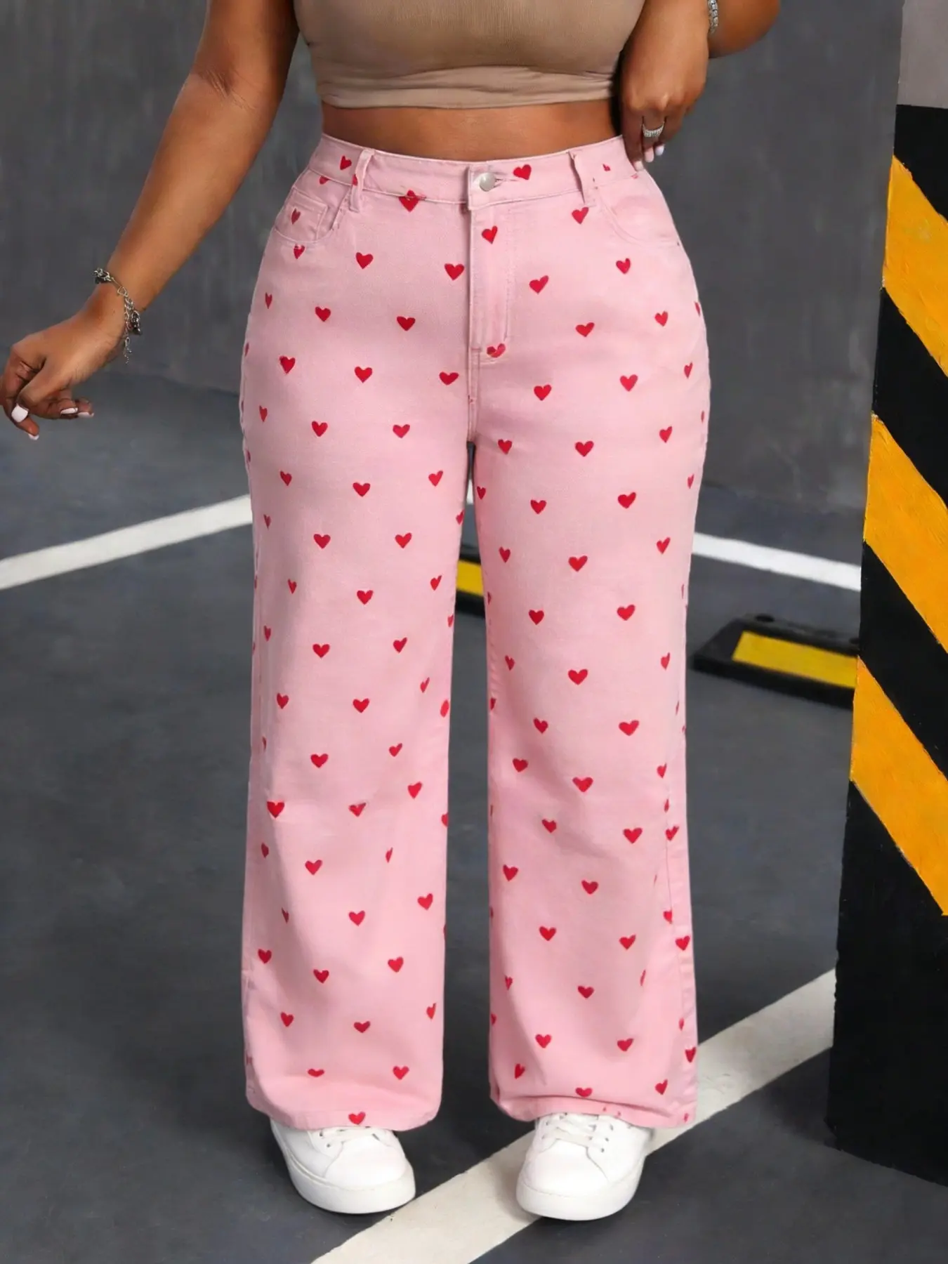 Plus Size High Waist Denim Jeans for Women, Cute Style Heart Print Wide Leg Jeans, Casual Fashion All Seasons Wear