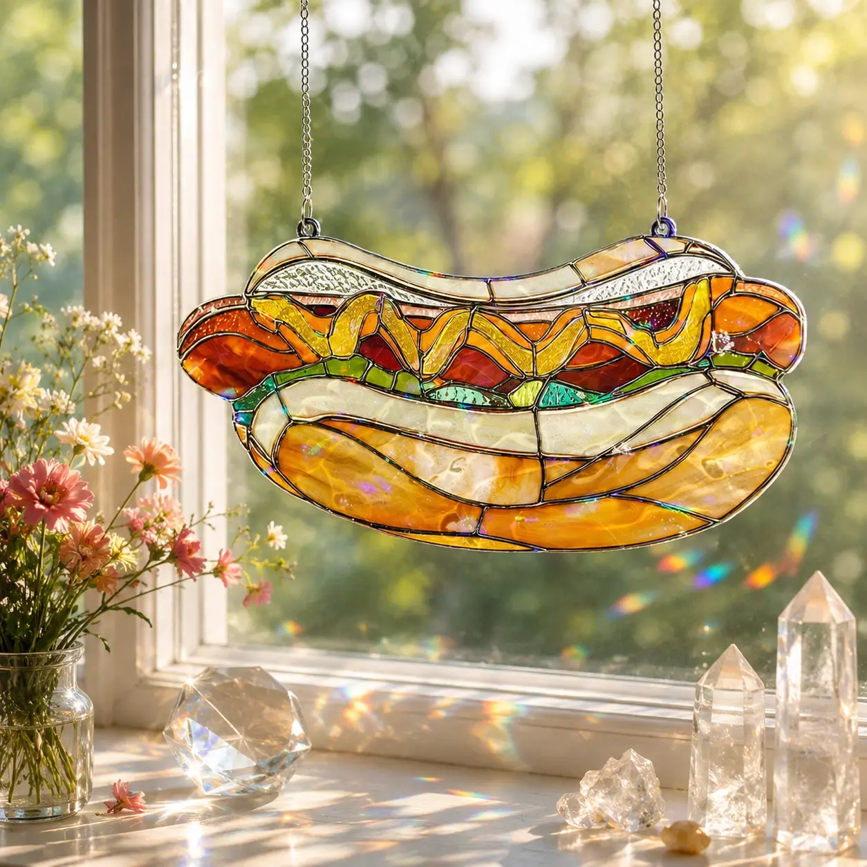 Lightweight Decorative Metal Stained Glass Style Hot Dog Acrylic Window Hanging Suncatcher Ornament, Colorful Hues Wall Home Decor for Collector Spaces, Window Decor