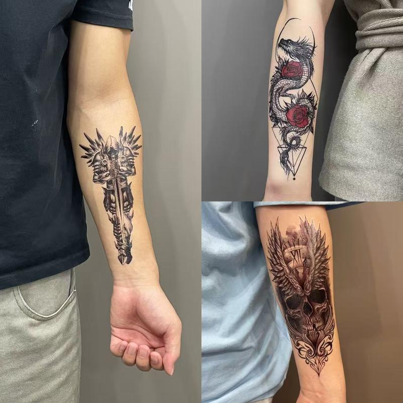 72 Sheets Temporary Tatoo 12 Large and 60 Medium-sized sheets Black Arm Temporary Tattoos For Men Forearm Women Thigh, Half Sleeve Animals Dragon Lion Tiger Wolf Dream Cather Temporary Tattoo Stickers Adults, Death Skull Compass Flower Fake Tattoos